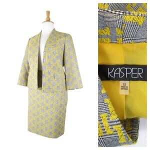 Kasper Womens Yellow Gray Fitted Skirt Suit Size 12 10 Formal Business Career